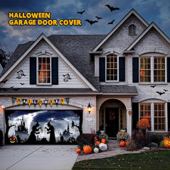Brightown Halloween Garage Door Cover (7x16FT, Black) for 2-Car Garage Door - with Magnetic Hook & Ropes