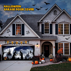7x16ft Halloween Garage Cover for 2-Car Garage Door with Magnetic Hook and Ropes, Black Witches
