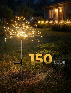 2 Pack 150 LED Firework Solar Powered Stake Lights for Garden Yard Pathway,Warm White