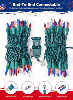 13ft 50 LED Plug in Red White Blue Mini Bulbs String Light for 4th July Independence Day, Green Wire