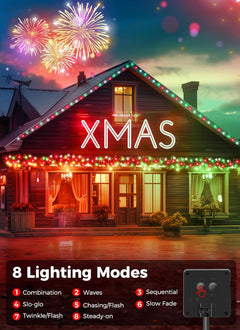 2 Pack Total 80FT 200 LED Solar Lights with 8 Modes for Christmas Decoration, Red Green & White
