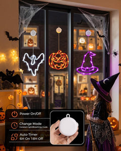 3 Pack Battery Operated Halloween Windows Lights with Timer, Pumpkin, Ghost, Hat
