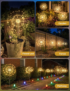 2 Pack 150 LED Firework Solar Powered Stake Lights for Garden Yard Pathway,Warm White