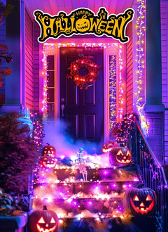 20ft 240 LED Solar Firecrackers Twinkle Lights for Halloween Haunted House Party, Orange and Purple