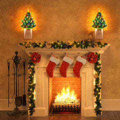 2 Pack Vintage Christmas 6" Ceramic Tree Night Light with Star Topper for Xmas Bedroom, Green