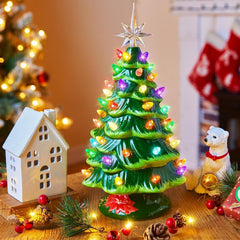 13 Inch Battery Operated Pre-lit Tabletop Ceramic Christmas Tree with Multicolored LED Lights, Green