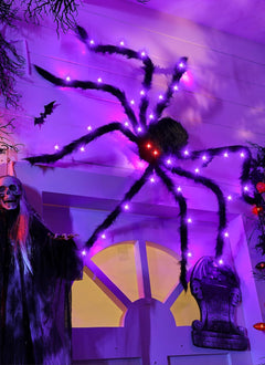 4.9 ft 38 LED Battery Oprated Light Up Black Hairy Giant Spider Halloween Decorations, Purple