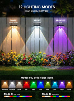 4 Pack Solar Powered Warm White & RGB 11 Colors Fence Deck Step Flood Lights for Patio Porch Garden