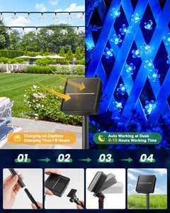 Solar Powered 26ft 60 LED Flowers String Lights for Garden Yard Fence Decor, Blue