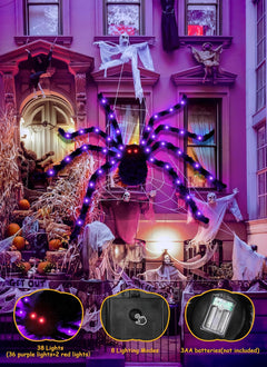 4.9 ft 38 LED Battery Oprated Light Up Black Hairy Giant Spider Halloween Decorations, Purple