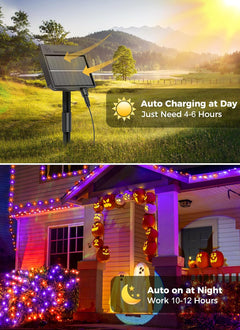40FT 100 LED Solar String Lights for Halloween Haunted House Party, Black Wire, Orange & Purple