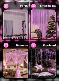 300 LED USB Powered Dimmable Window Curtain Lights with Remote, Pink
