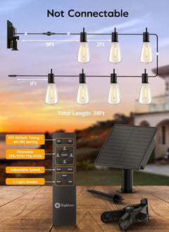 38FT Solar Powered 16+1 LED ST38 Bulbs String Lights Outdoor, 3 Light Modes