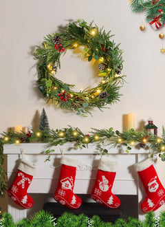 Pre-lit Christmas Garland with Lights, 6 Feet 20 LED Battery Operated Lights with Pine Cones, Berry, Eucalyptus Leaves, Indoor Door