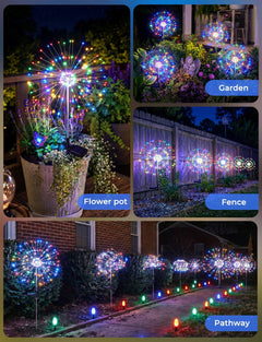2 Pack 180 LED Firework Solar Powered Stake Lights for Christmas Independence Day, Red/Yellow/Blue/Green