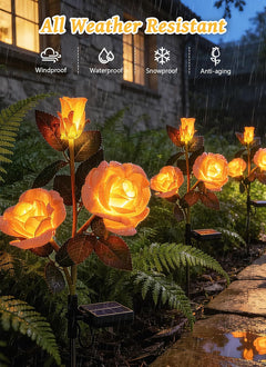 4 Pack Realistic Champagne Rose Flowers Solar Garden Pathway Lights for Yard & Patio Decorations