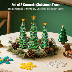 3Pcs/Set Pre-Lit Battery Operated Lighted Ceramic Christmas Trees with Multicolored LED Lights