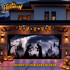 7x16ft Halloween Garage Cover for 2-Car Garage Door with Magnetic Hook and Ropes, Black Witches