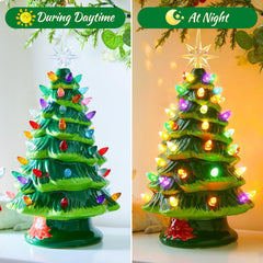 13 Inch Battery Operated Pre-lit Tabletop Ceramic Christmas Tree with Multicolored LED Lights, Green