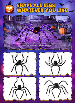 4.9 ft 38 LED Battery Oprated Light Up Black Hairy Giant Spider Halloween Decorations, Purple