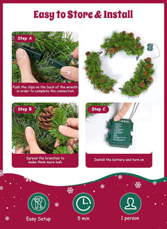 24 Inch Pre-Lit Christmas Wreaths for Front Door, IP44 Battery Operated 50 LED Christmas Wreath