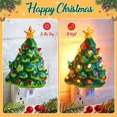 2 Pack Vintage Christmas 6" Ceramic Tree Night Light with Star Topper for Xmas Bedroom, Green