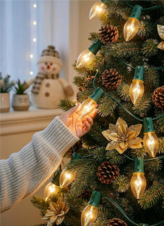 25FT Plug in 25 C9 Clear Bulbs Bright & Warm Christmas String Lights for Home Decor, Green Wire