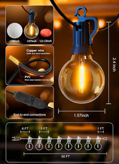 50ft Connectable Patio Lights with 52 G40 LED Plastic Bulbs (2 Spare) for Backyard Bistro Balcony Porch Party Wedding, E12, 2200K, Black