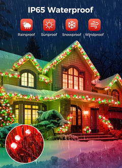 2 Pack Total 80FT 200 LED Solar Lights with 8 Modes for Christmas Decoration, Red Green & White