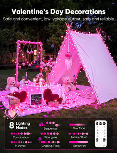 33ft 100 LED Plug In Mini Globe Fairy String Lights for Valentine Decor, 8 Modes, Pink