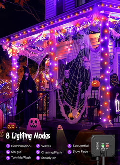 40FT 100 LED Solar String Lights for Halloween Haunted House Party, Black Wire, Orange & Purple