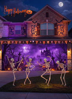 7x16ft Halloween Garage Cover for 2-Car Garage Door with Magnetic Hook and Ropes, Haunted Graveyard Castle