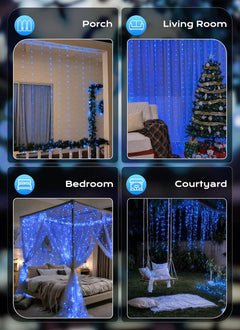 300 LED USB Powered Dimmable Window Curtain Lights with Remote, Blue