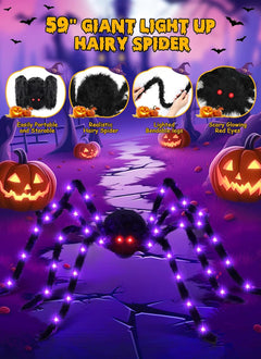 4.9 ft 38 LED Battery Oprated Light Up Black Hairy Giant Spider Halloween Decorations, Purple