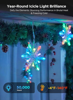 Smart Christmas Snowflake Lights, 24ft 192LED with 16 Drops Outdoor Icicle Lights with APP Control & Music Sync