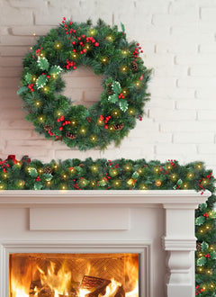 Pre-lit Christmas Garland with Lights, 9Ft 100LED Lighted Garland with 8 Light Modes & Timer