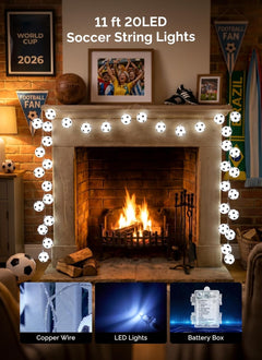 11Ft Battery Operated 20 LED Soccer Ball String Lights for Sports Fans, 8 Modes, White