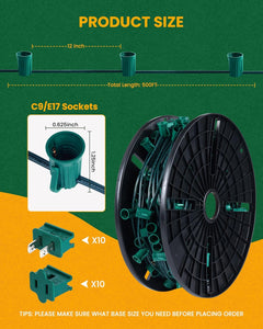 Commercial 250FT/500FT C9/E17 Christmas Light Sockets Set Spool, C9 String Light Stringer 12" Spacing Green Wire