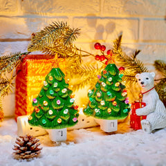 2 Pack Vintage Christmas 6" Ceramic Tree Night Light with Star Topper for Xmas Bedroom, Green