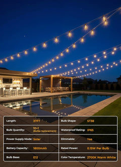 37FT Solar Powered 10+1 LED ST38 Bulbs String Lights Outdoor, 3 Light Modes