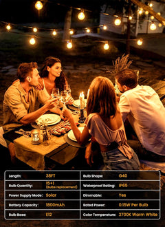 38FT Solar Powered G40 16 LED Bulbs String Lights for Patio Garden Cafe Wedding Deck