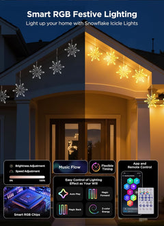 Smart Christmas Snowflake Lights, 24ft 192LED with 16 Drops Outdoor Icicle Lights with APP Control & Music Sync