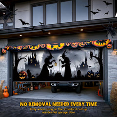 7x16ft Halloween Garage Cover for 2-Car Garage Door with Magnetic Hook and Ropes, Black Witches