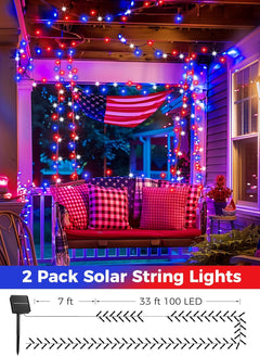 2Pack Total 200 LED 80FT Solar Powered Red White Blue Lights for Memorial Independence Day Decor