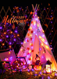 40FT 100 LED Solar String Lights for Halloween Haunted House Party, Black Wire, Orange & Purple
