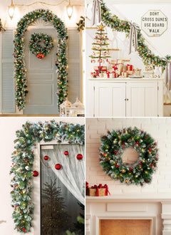 Christmas Garland with Lights, 9ft 100LED Battery Operated Garland Decorated with Pine Cones, Berry, 8 Light Modes & Timer