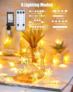 66ft Plug in 200 LED Warm White Stars String Lights with Remote for Holiday Decor, 8 Modes