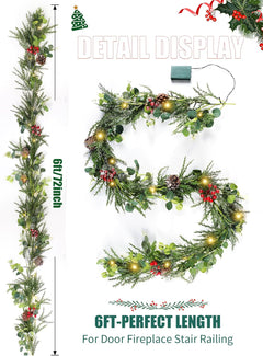 Pre-lit Christmas Garland with Lights, 6 Feet 20 LED Battery Operated Lights with Pine Cones, Berry, Eucalyptus Leaves, Indoor Door