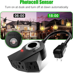 Waterproof Outdoor Light Timer - 24H, 2/4/6/8H Countdown, 3 Outlets