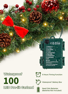 9FT Christmas Garland with Lights, Battery Operated, 100 LED White Lights, 8 Modes, Timer